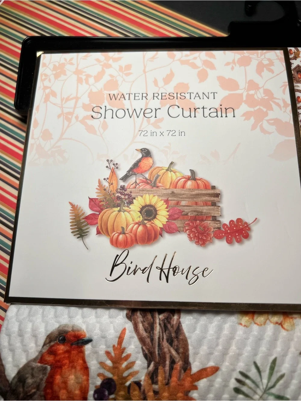 Autumn Birdhouse Textured Fabric Shower Curtain Birds Pumpkins Leaves Wreath
